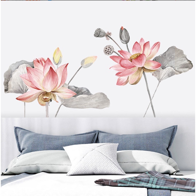 Decal trang trí tường - Hoa sen hồng nhạt tao nhã
