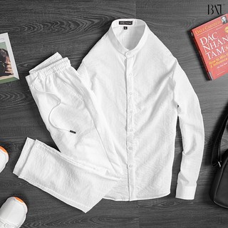 Bộ đũi xước nam cổ tàu quần dài đen trắng - Yencshop