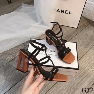 Giày cao gót quai dây sang trọng đế vuông khoét lỗ cao 7p màu đen