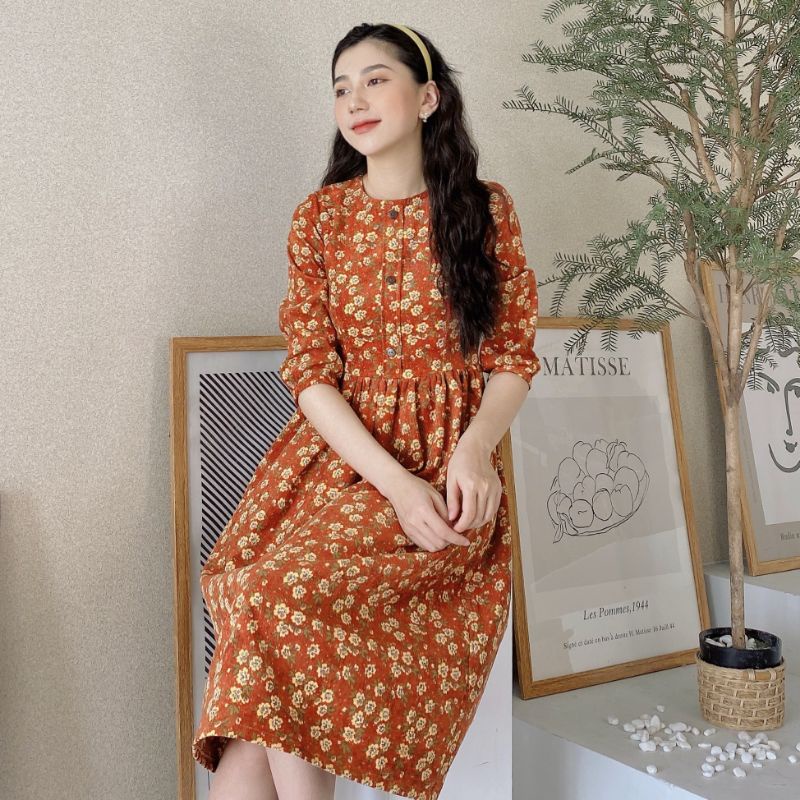 Váy nhung tăm tay lỡ cam bã trầu