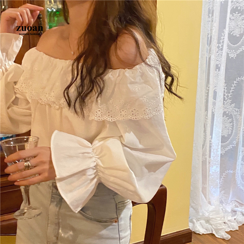 SUXI Áo Kiểu Nữ Tay Dài Phối Bèo Phong Cách Hàn Quốc