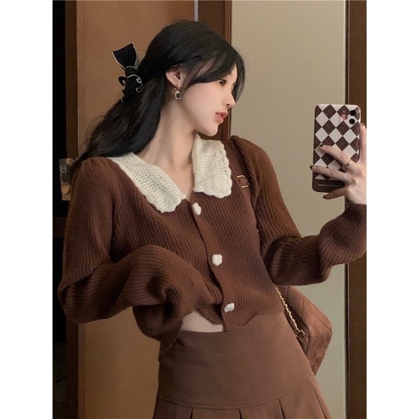 Set áo len nâu + chân váy xếp ly cạp cao mùa thu đông 🍂
