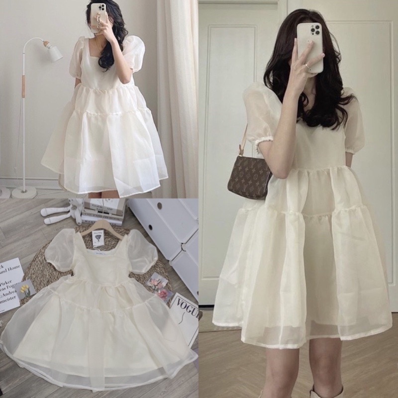 Váy babydoll tiểu thư voan tơ cổ vuông- đầm trễ vai công chúa phong cách ulzzang hàn quốc