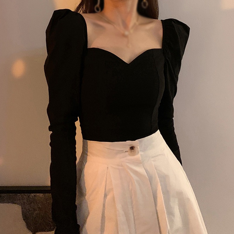 Áo thun tay phồng dài cổ vuông màu sắc trơn phong cách Hàn Quốc quyến rũ