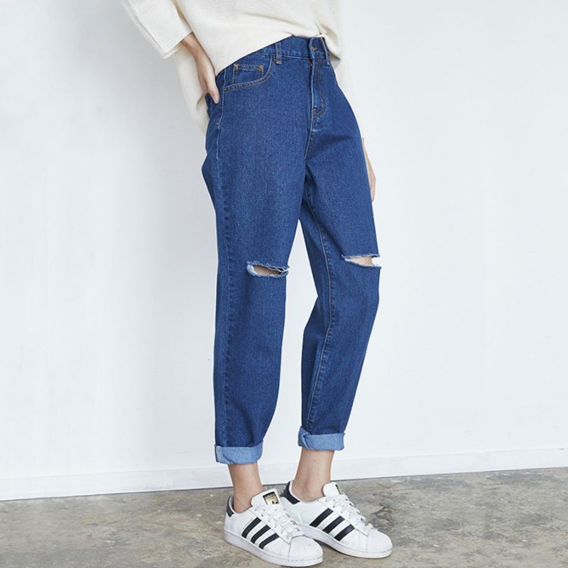 BAGGY JEAN XANH ĐẬM TRƠN /RÁCH BIGSIZE LƯNG CAO