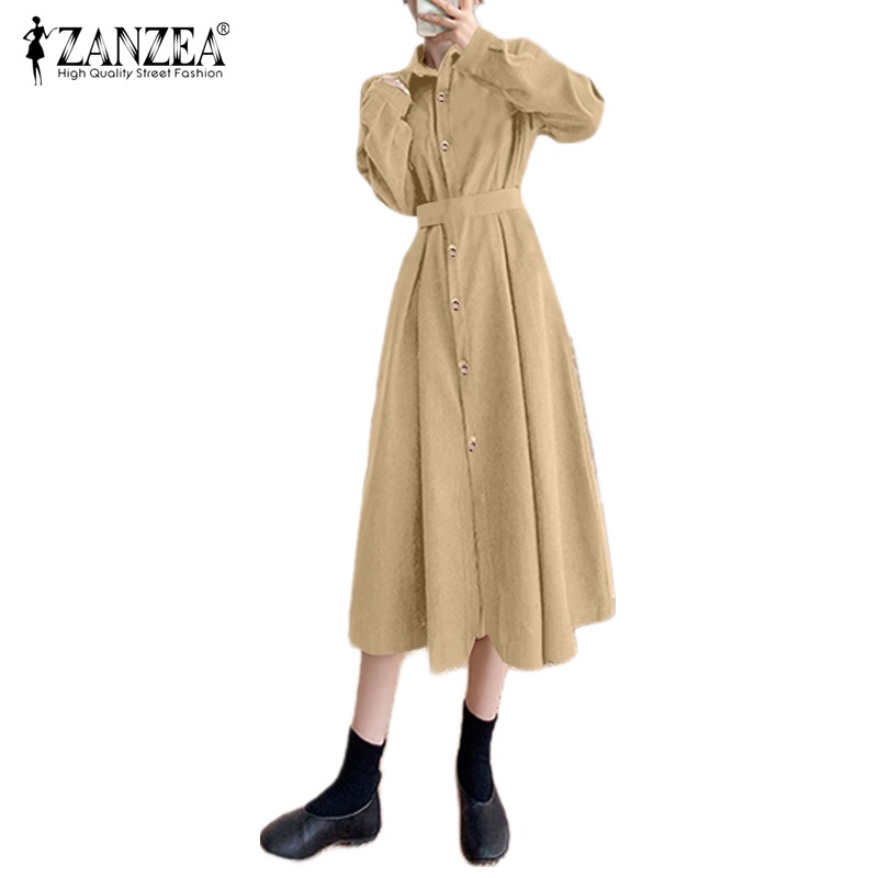 Đầm Maxi ZANZEA Dáng Rộng Đính Nút Vải Nhung Kẻ Cổ Bẻ Dài Tay Cho Nữ