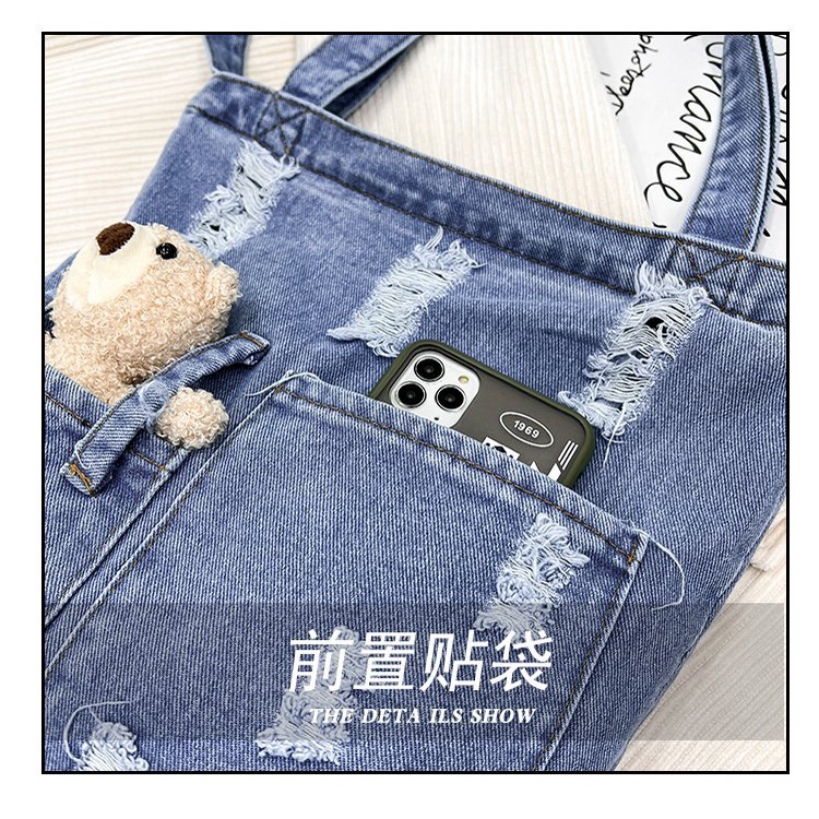 Túi Đeo Vai Vải Denim Sức Chứa Lớn Mẫu 2022 Mới In Họa Tiết Gấu Dễ Thương Cho Học Sinh