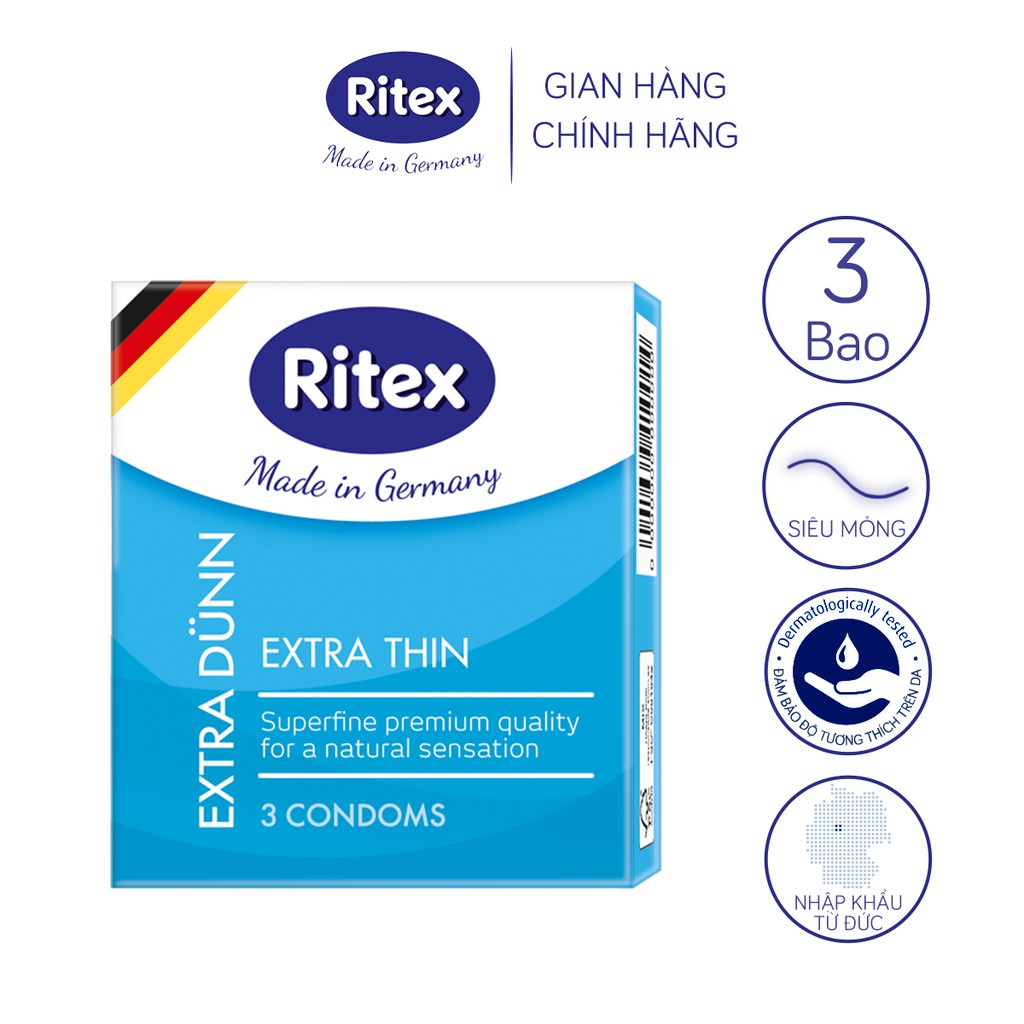 Bao cao su Ritex Extra Dünn siêu mỏng 0.01, mềm mại, bền dai hộp 3 bao - Nhập khẩu chính hãng