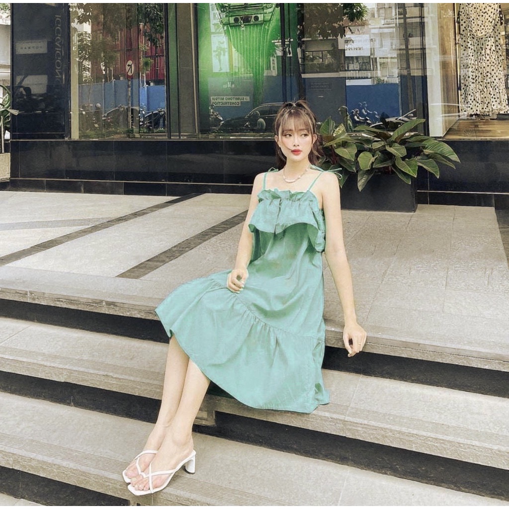 Đầm 2 dây tiểu thư dáng xòe, đầm maxi dáng dài cột nơ vai đi biển