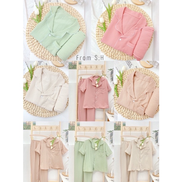 Set Pijama cổ bẻ xốp đũi Hàn màu pastel siêu ngọt. Bộ ngủ nữ pyjama pastel dễ thương