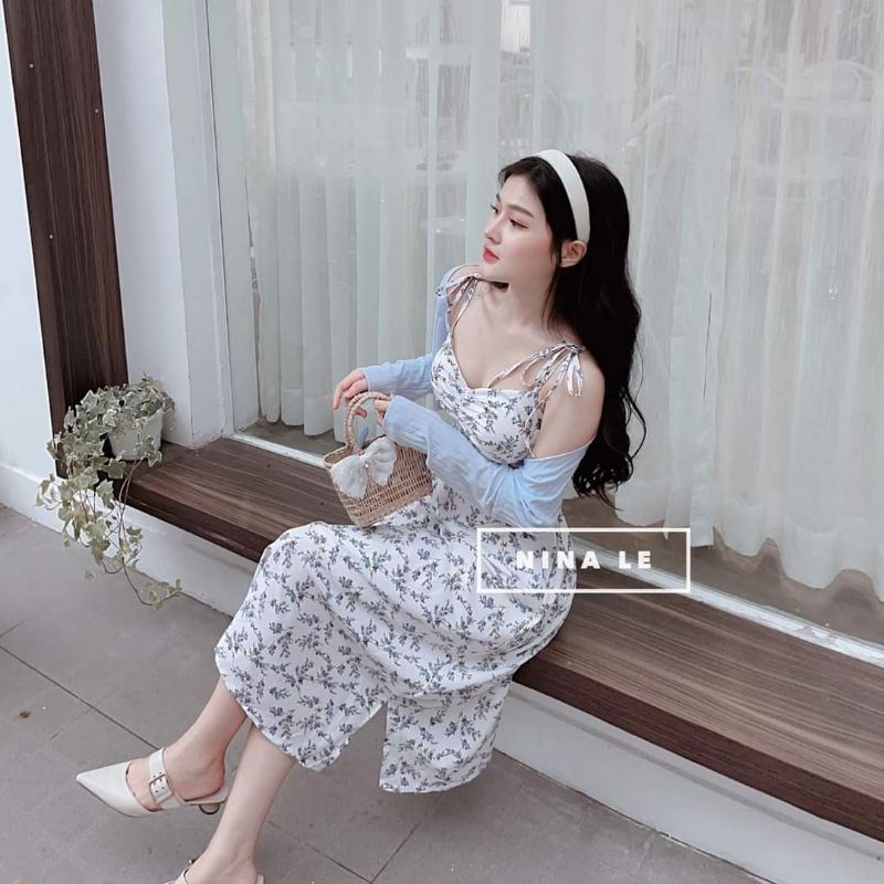 (Best Seller) Set đầm midi 2 dây hoa nhí + Khoác cardigan lửng xanh | BigBuy360 - bigbuy360.vn