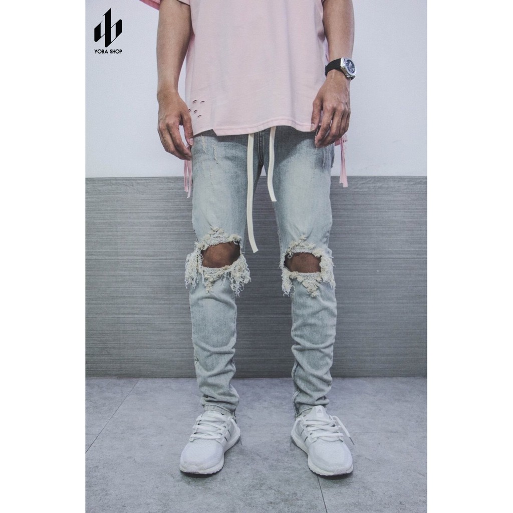 QUẦN JEAN XANH SKINNY ZIPPER RÁCH GỐI WASH SÁNG [TẶNG KÈM DÂY] | BigBuy360 - bigbuy360.vn