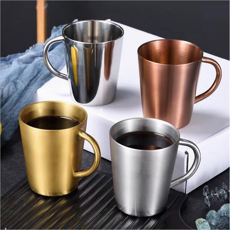 300ml Stainless Steel Mugs Espresso Cups Double-layer Anti-scalding Design Milk Tea Mug Vintage Golden Silver Lead-free Health Breakfast Cup