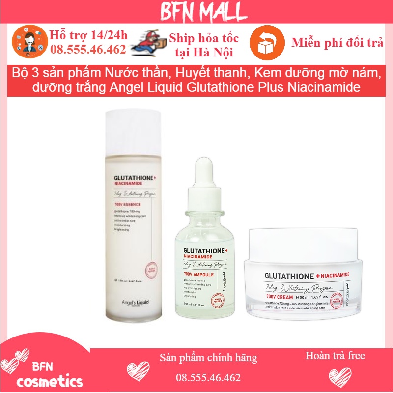 Bộ 3 sản phẩm Nước thần, Huyết thanh, Kem dưỡng mờ nám, dưỡng trắng Angel Liquid Glutathione Plus Niacinamide