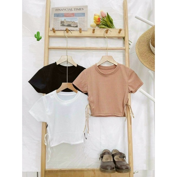 Áo croptop xẻ tà đan dây hai bên eo, thun borip p