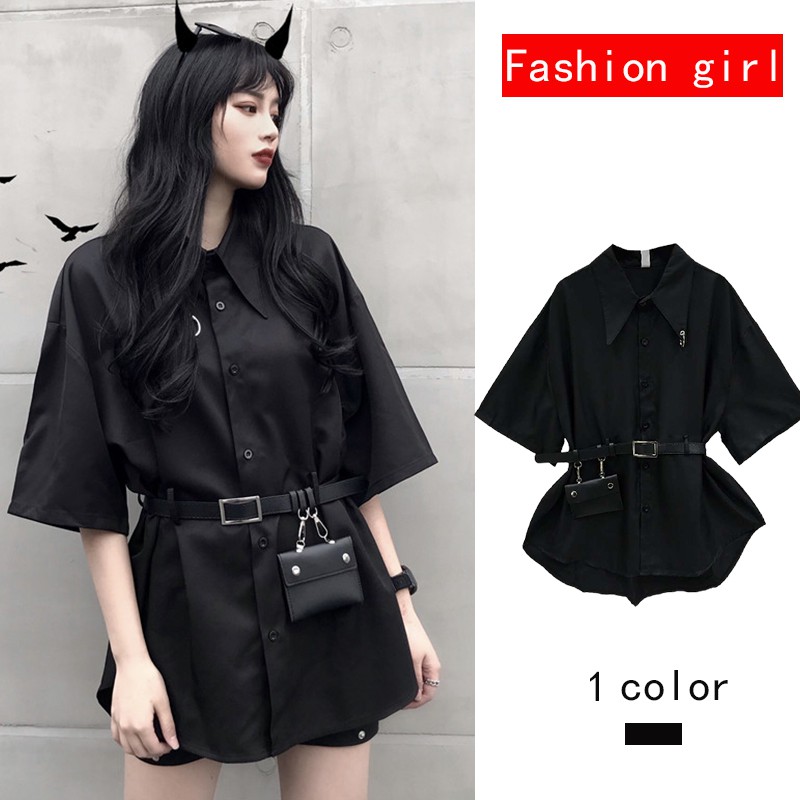 Áo sơ mi màu đen ngắn tay dáng rộng phối túi đeo thắt lưng phong cách cổ điển Harajuku retro cho nữ