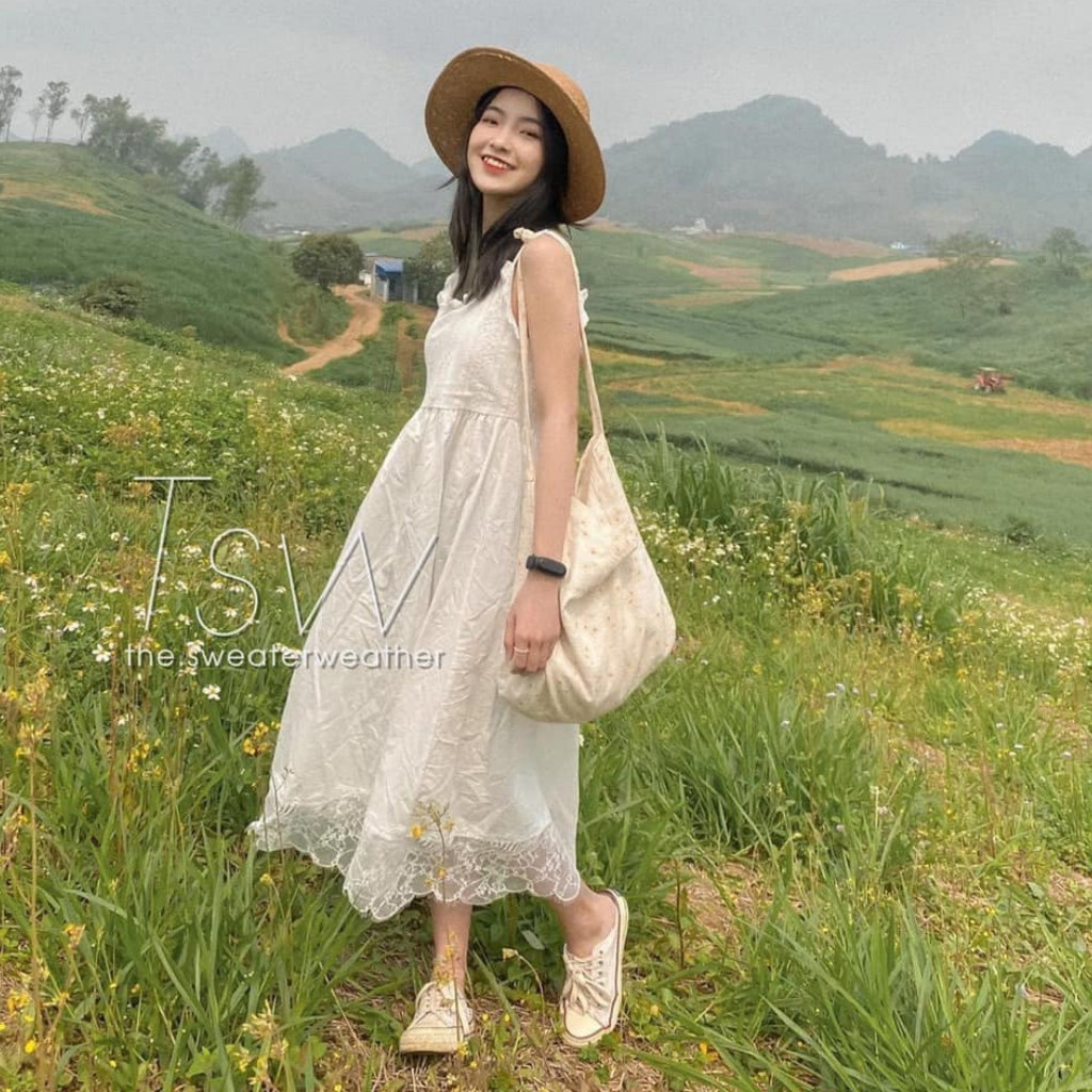 VÁY HAI DÂY ĐŨI VIỀN REN CỔ TIM, VÁY TIỂU THƯ TRẮNG DÁNG XUÔNG, HÀNG ĐẸP CHẤT LƯỢNG, HÀNG CÓ SẴN