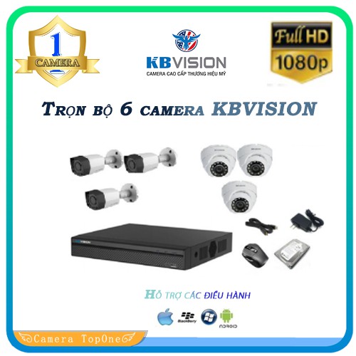 Trọn bộ 6 camera KBVISION Full HD 1080p kèm HDD 1TB - Đầy đủ phụ kiện, tùy chọn camera Dom hoặc Thân