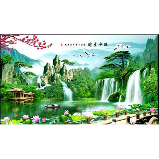 Tranh dán tường 3D phong thuỷ - VẢI LỤA  phủ kim sa (kích thước theo yêu cầu)
