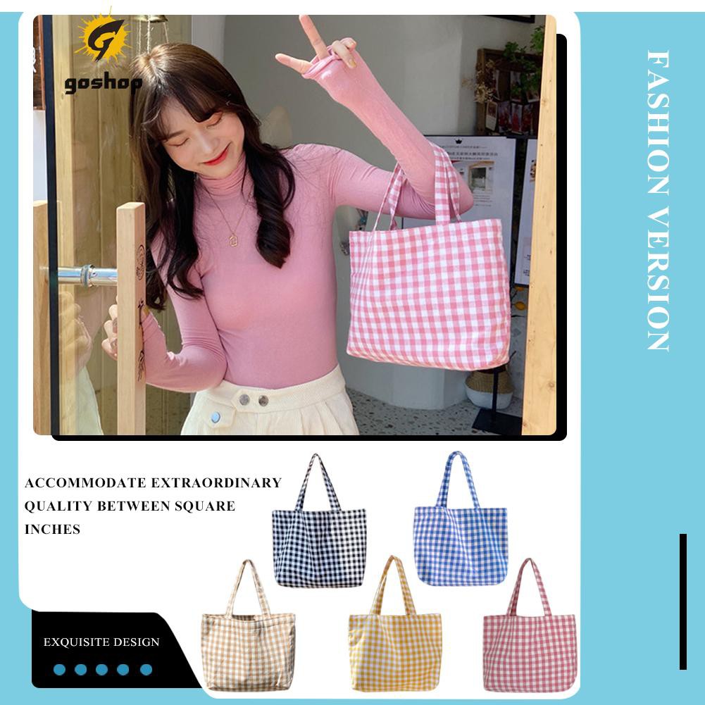 (GO ) Women Portable Cloth Shopping Handbag Tote Plaid Food Picnic Lunch Bags