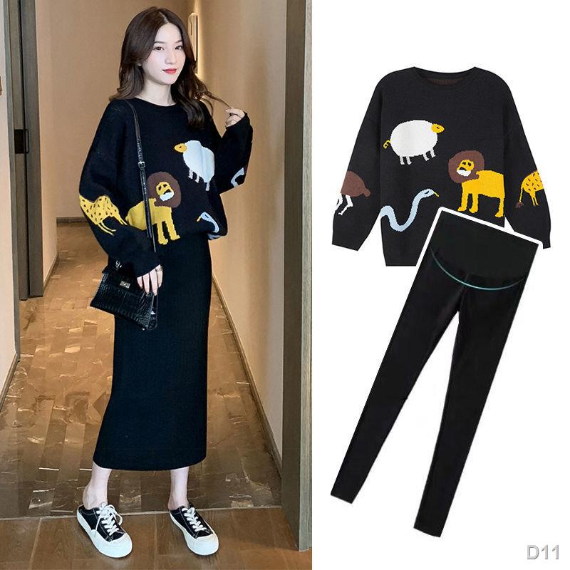 👗AOHUI👗Bộ đồ bà bầu mùa xuân và mùa thu phim hoạt hình in động vật áo len dạ nâng váy hai mảnh mùa thu và mùa đông quầ