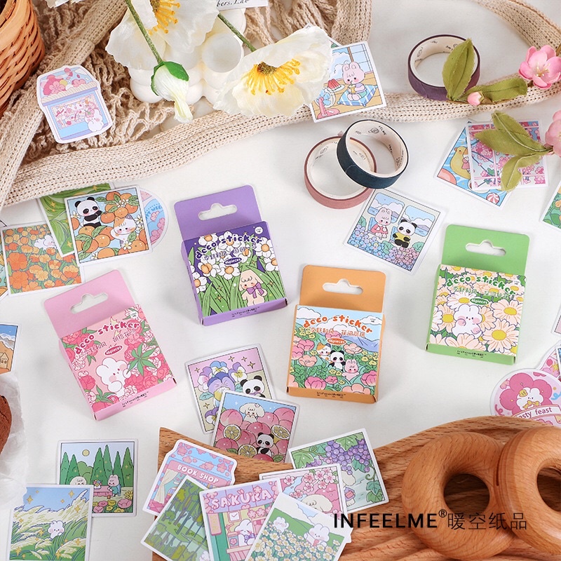 Set 45 Tấm Sticker Hình Gấu Thỏ Phong Cảnh Siêu Dễ thương