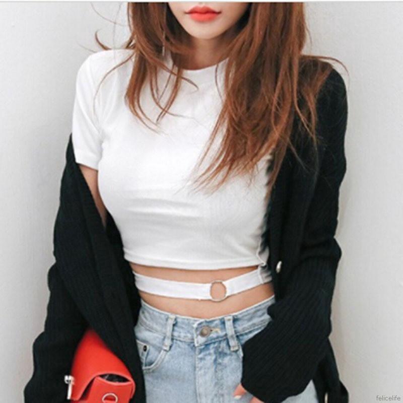 FREESHIP ĐƠN 99K_ Áo Croptop tay ngắn cổ tròn thiết kế quyến rũ