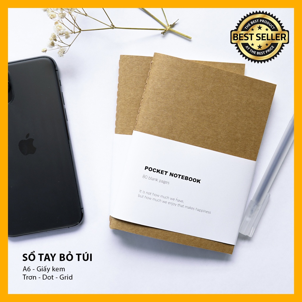 Sổ tay mini bỏ túi A6 bìa kraft  ~A6 80 | Dòng sổ sketchbook giấy kem | Notebook Mini