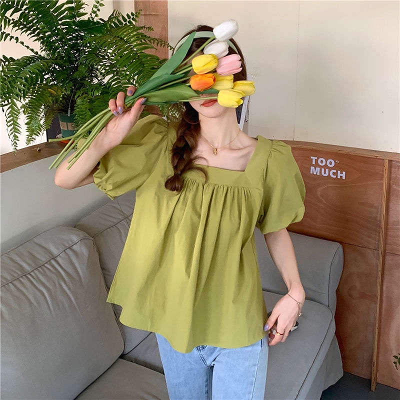 Áo Sơ Mi Tay Ngắn Phồng Cổ Vuông Thời Trang Dành Cho Nữ