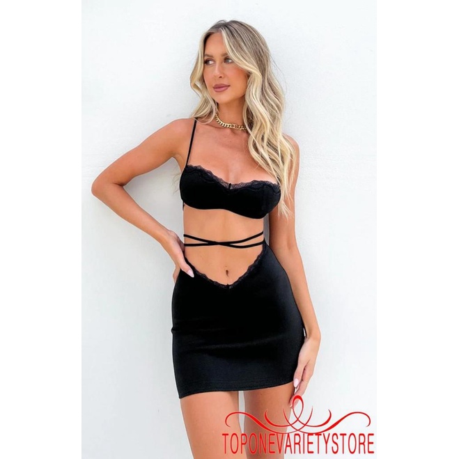 TOPQ-Women Two-piece Skirt Suit Black Solid Color Cropped Camisole and Tie-up Wrap Skirt