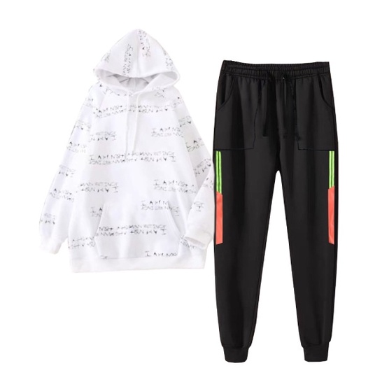 Set Bộ 2 Món Quần Dài + Áo Hoodie Nón Nam Nữ Unisex Chất Vải Nỉ CB2_WAH036NO_MQU075NODEF7 (In Chữ + 2 Sọc Túi Vuông)