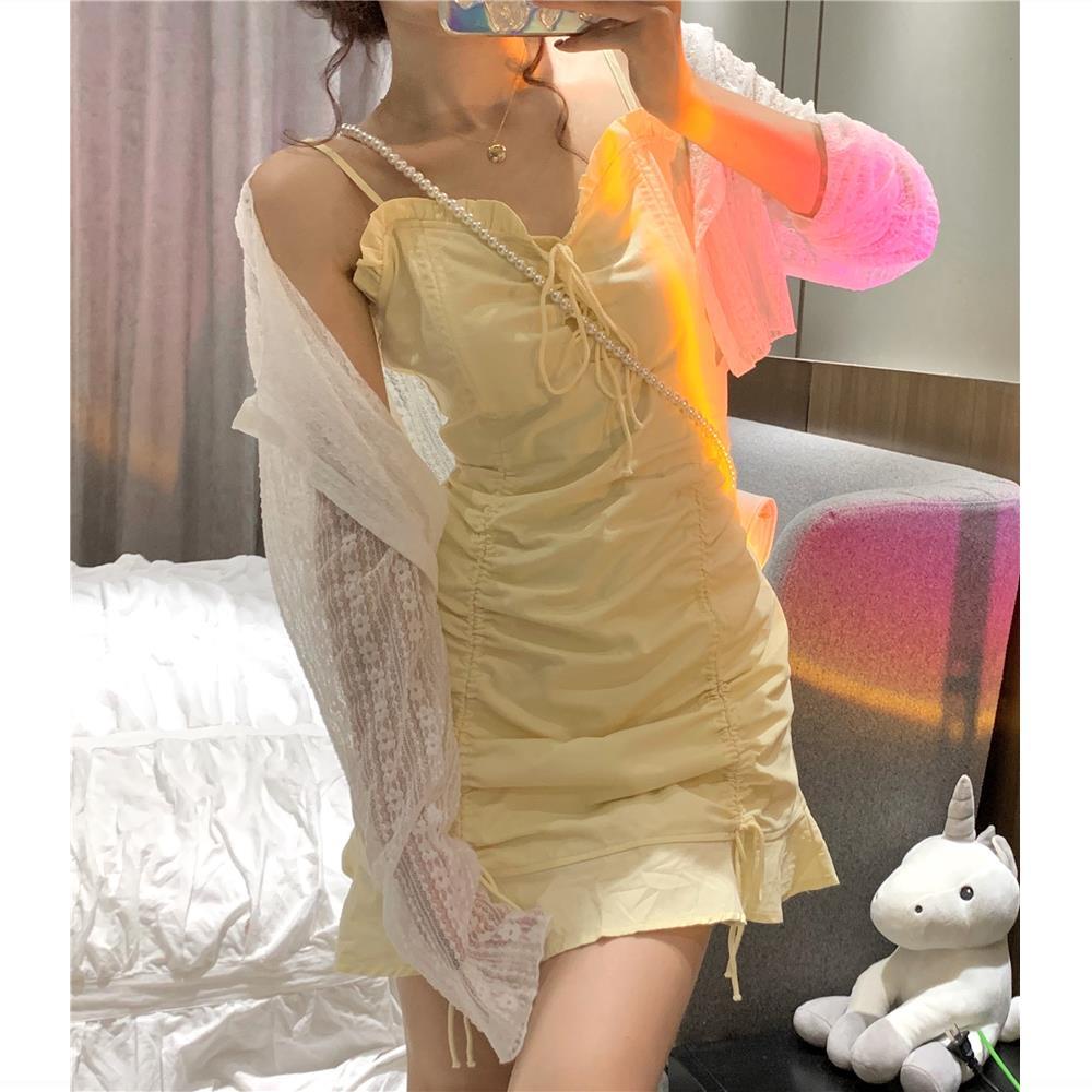 Set Áo Khoác Cardigan Tay Dài Phối Ren + Đầm Dây Rút Form Ôm Phong Cách Hàn Quốc Cho Nữ