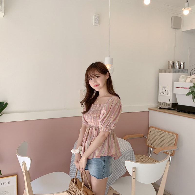 Áo Kiểu Cổ Vuông Họa Tiết Sọc Caro Xinh Xắn Thời Trang Dành Cho Nữ