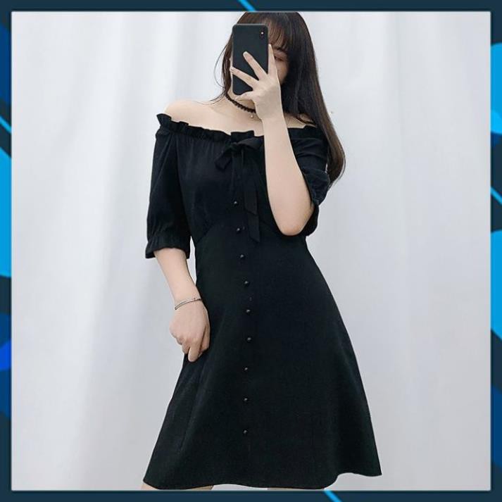 Đầm ⚡️𝐁𝐈𝐆𝐒𝐈𝐙𝐄⚡️dáng suông trễ vai, váy big size đen trơn phù hợp đi tiệc. ་ '