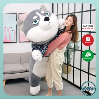 Gấu bông chó Husky - Áo kẻ có khóa sườn tách bông - Kích thước 1m2-1m5-1m7