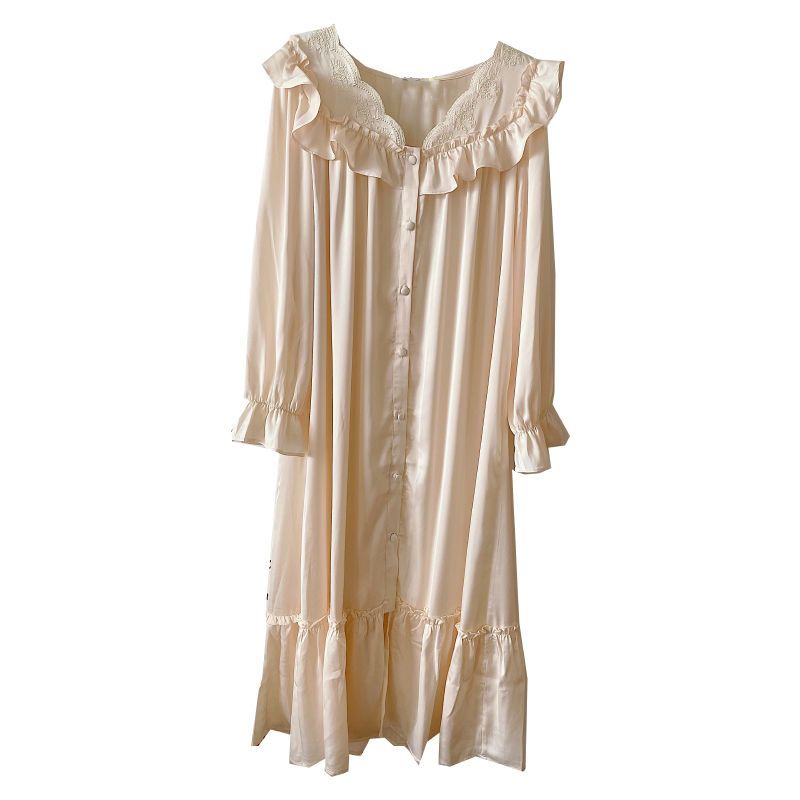 Đầm Ngủ Tay Dài Phong Cách Công Chúa Cardigan Bằng Lụa Thoải Mái Phong Cách Pháp Mới