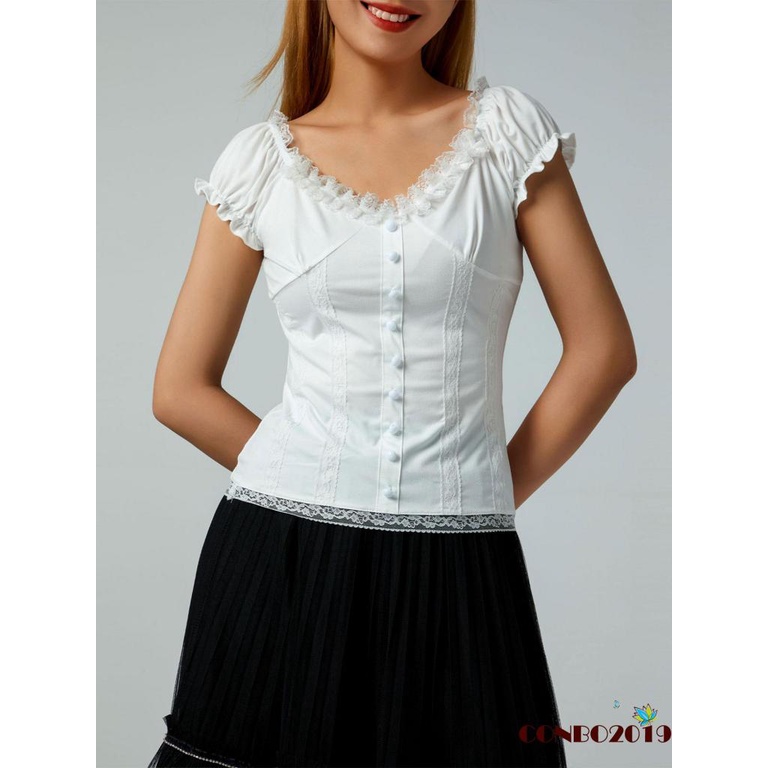 Áo Thun Tay Ngắn Cổ Chữ V Phối Bèo Viền Bèo Màu Sắc Trơn Kiểu Vintage Thời Trang Mùa Hè Cho Nữ