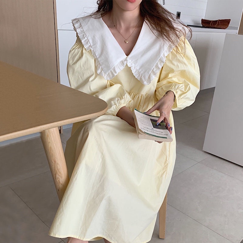 VÁY BABYDOLL TAY BỒNG DÁNG DÀI XOÈ QUA GỐI MÀU VÀNG NHẠT