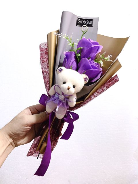 Hoa Hồng Sáp 3 Bông Kèm Gấu