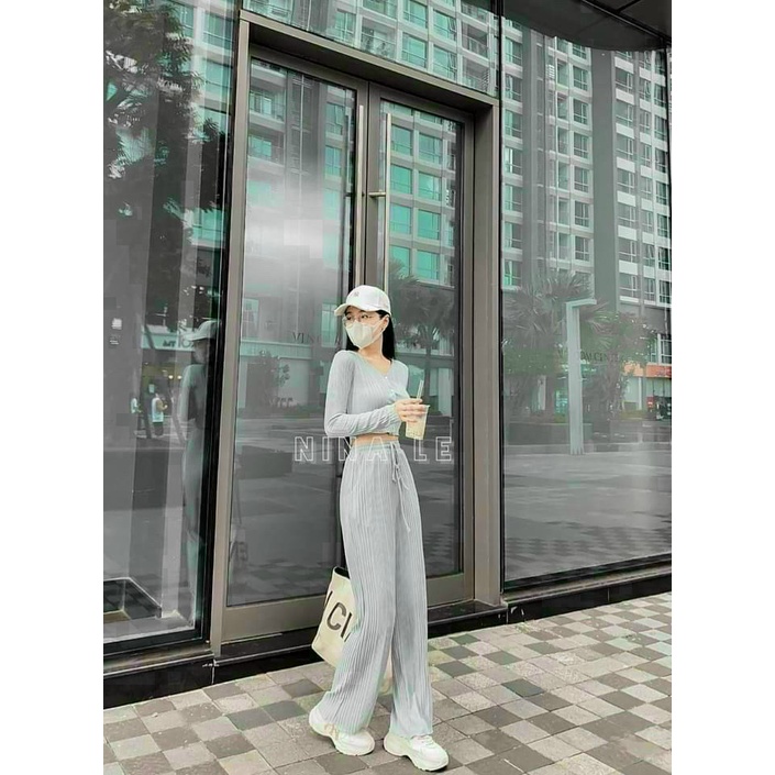 (Ưu Đãi Freeship)Bộ tole áo croptop cài nút tay dài phối quần ống rộng có túi,bộ thun gân mềm hàng chuẩn shop