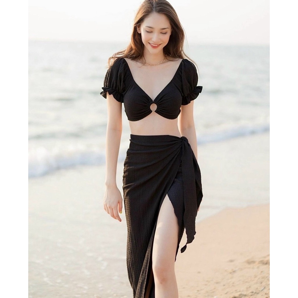 Đồ bơi nữ, Bikini Set 3 món áo tay bồng trễ vai phối khoen, quần chan váy dài  cực xinh,chất vải xốp Bin Sports BHV170