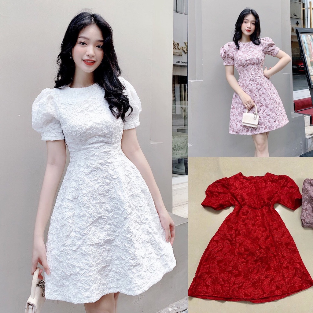 Đầm Váy Nữ Chất Gấm Hoa Cao Cấp Dáng Xoè Cổ Tròn Tay Phồng Thiết Kế Sang Chảnh Đi Làm Công Sở, Đi Chơi Du Lịch Cực Xinh