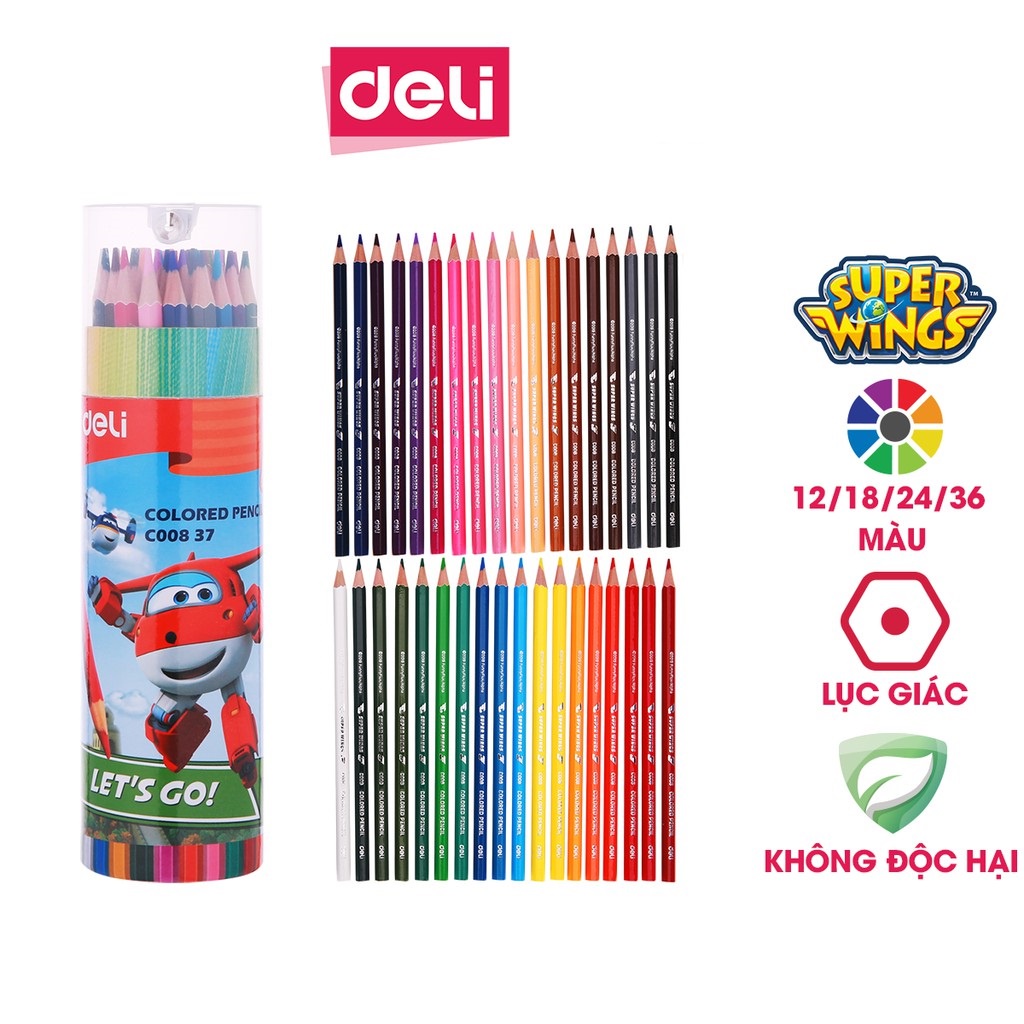 Bút chì màu học sinh tập tô tập vẽ tranh Deli x Super Wings kèm gọt chì 12 màu/18 màu/24 màu/36 màu / ống | EC00807/EC00