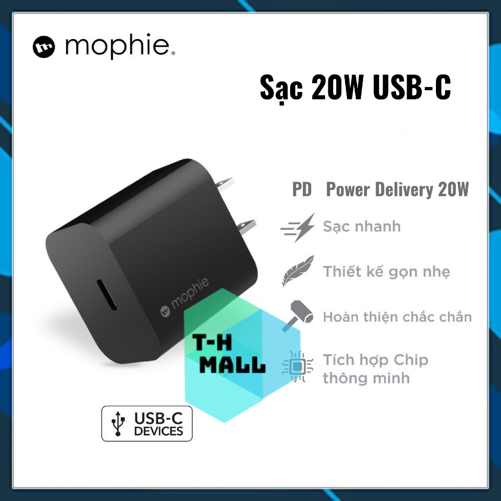 Sạc Mophie Power Delivery 20W USB-C Đen/Trắng Sạc Nhanh Dành Cho ip/tablet táo Hàng
