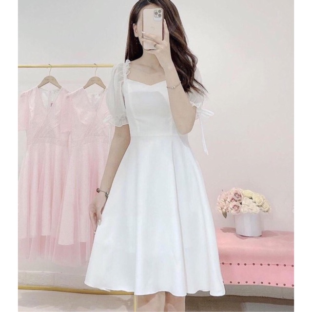 Đầm trắng xoè dự tiệc tay nơ cao cấp