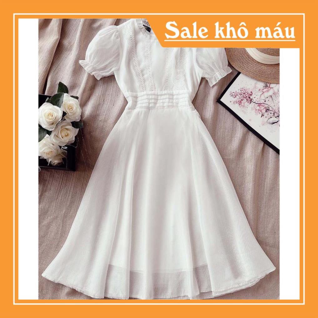 Váy trắng dáng xòe tay bông tiểu thư V1920  - Váy trắng dáng xòe tay bông tiểu thư  ❤️NMC SHOP❤️