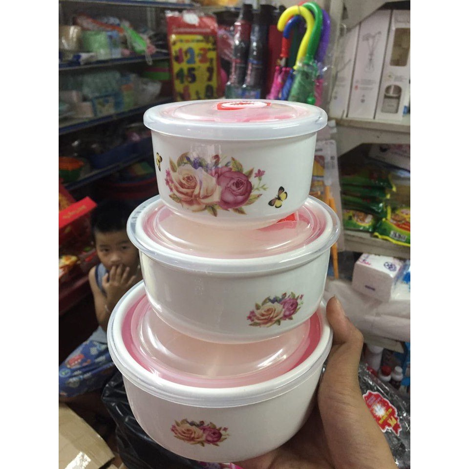 Hộp 3 chiếc bát sứ hoa hồng đựng thực phẩm có nắp đậy tiện lợi chất đẹp