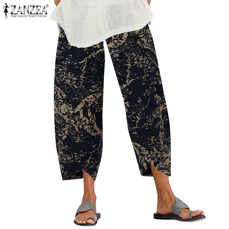 Quần ZANZEA Ống Rộng Lưng Thun Thoải Mái Họa Tiết In Thời Trang Cho Nữ