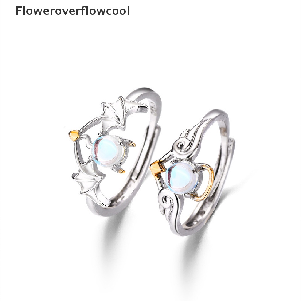 Nhẫn cặp đôi đính đá mặt trăng màu bạc hình thiên thần/ác quỷ thời trang cho nam nữ