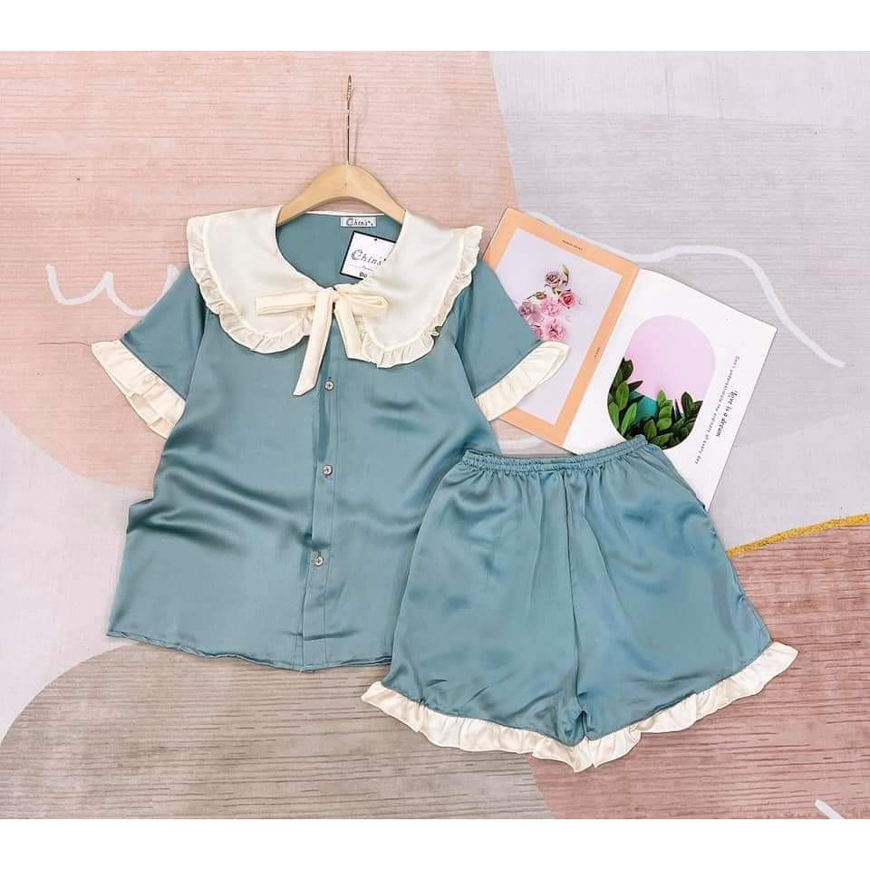 [Kate Lụa] Bộ Pijama đùi cổ bèo freesize<62kg